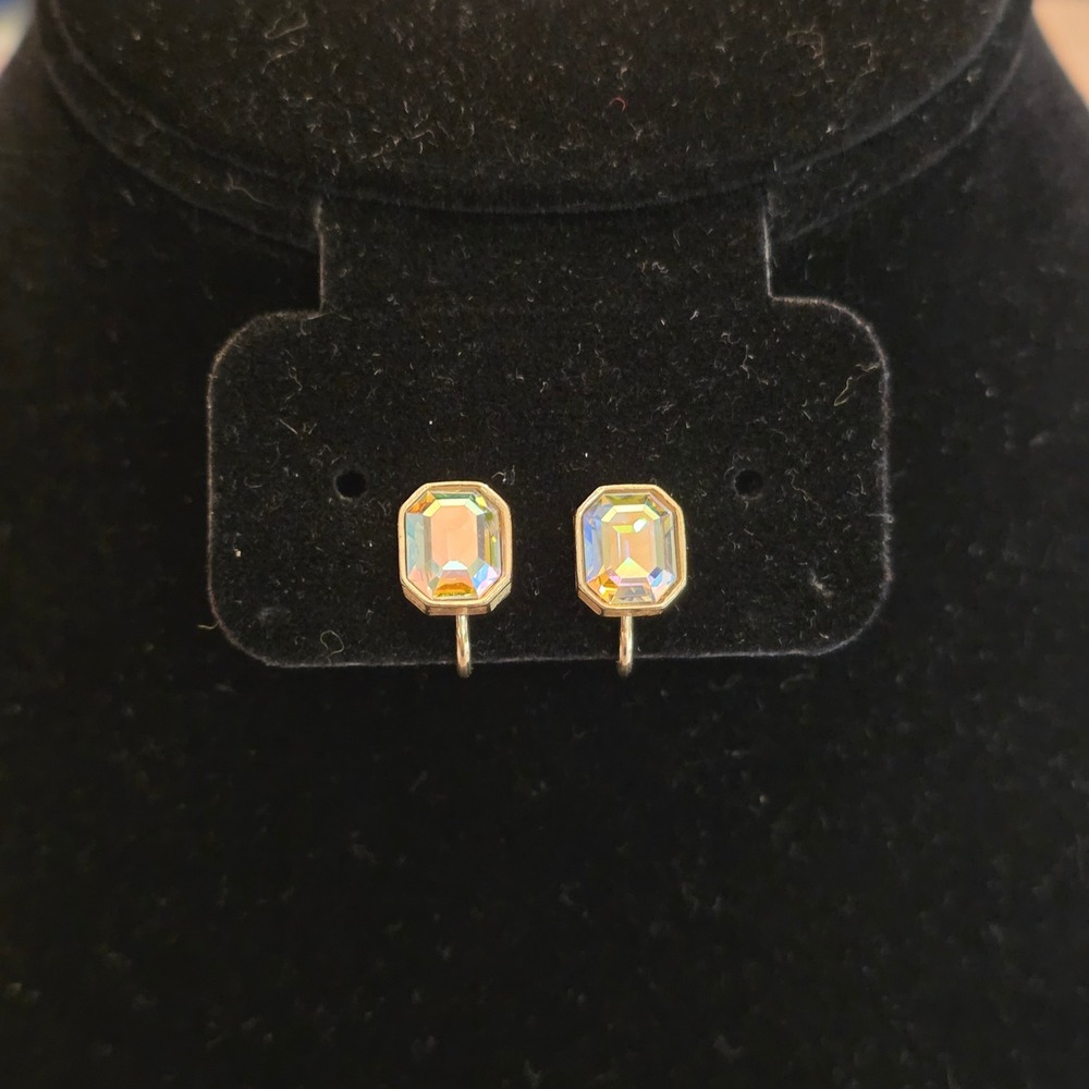 Vintage Avon Aurora Borealis Crystal Clip On Earrings Gold Tone Emerald Cut